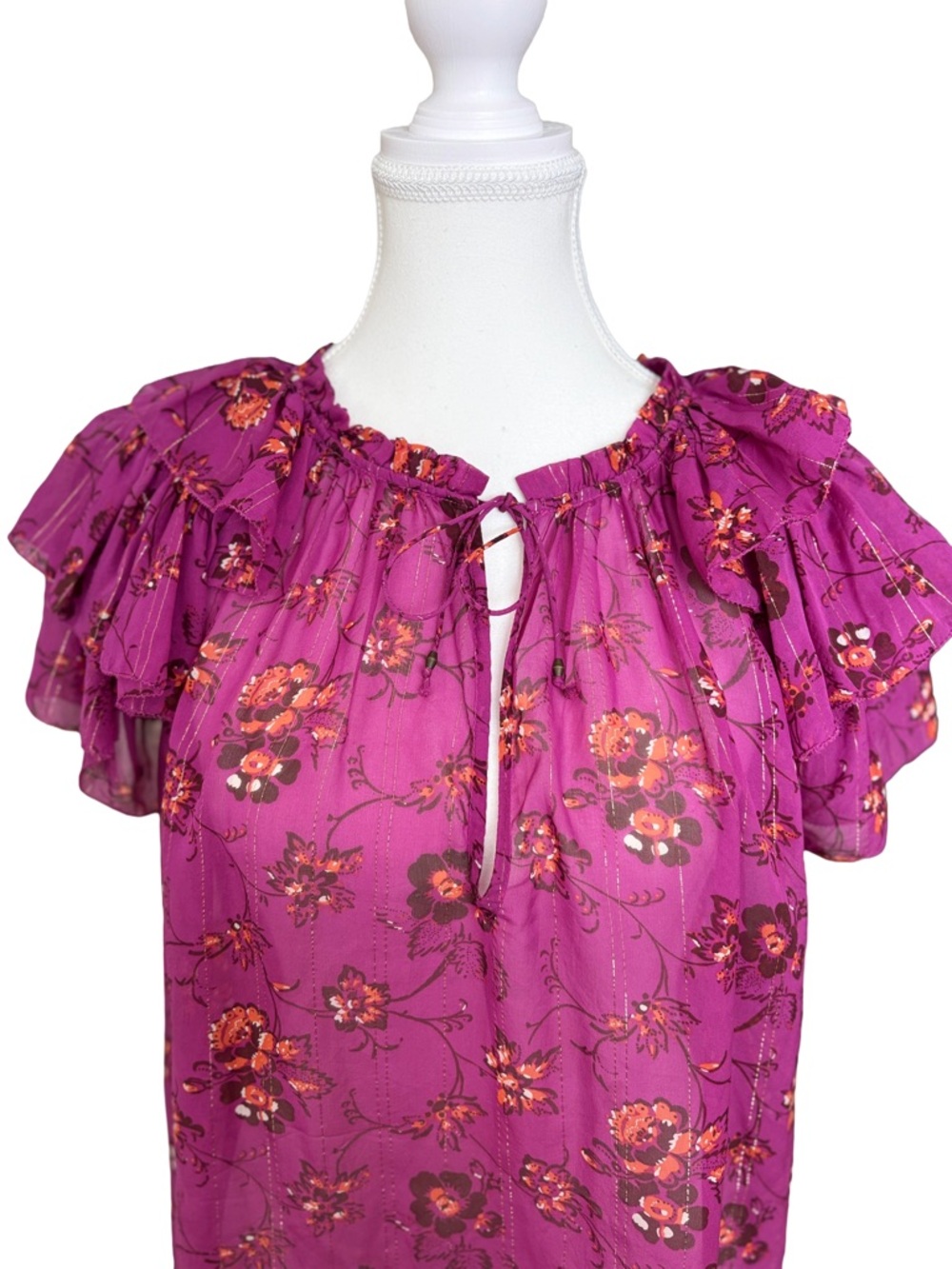 Ulla Johnson Silk Blend Fuchsia Floral Blouse Size 8 Boho Ruffle Sleeve Top - Picture 2 of 6